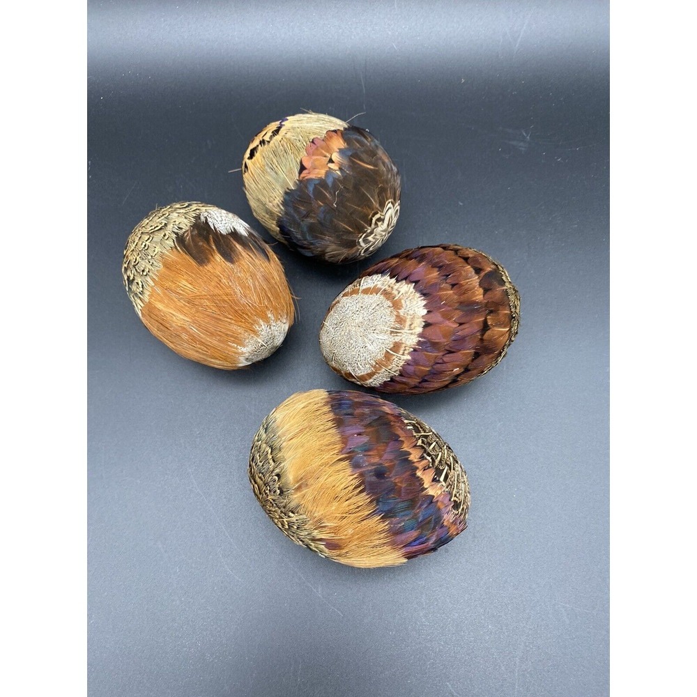 Pheasant Feather Covered Eggs Vintage Brown Multicolor Set Of‎ 4